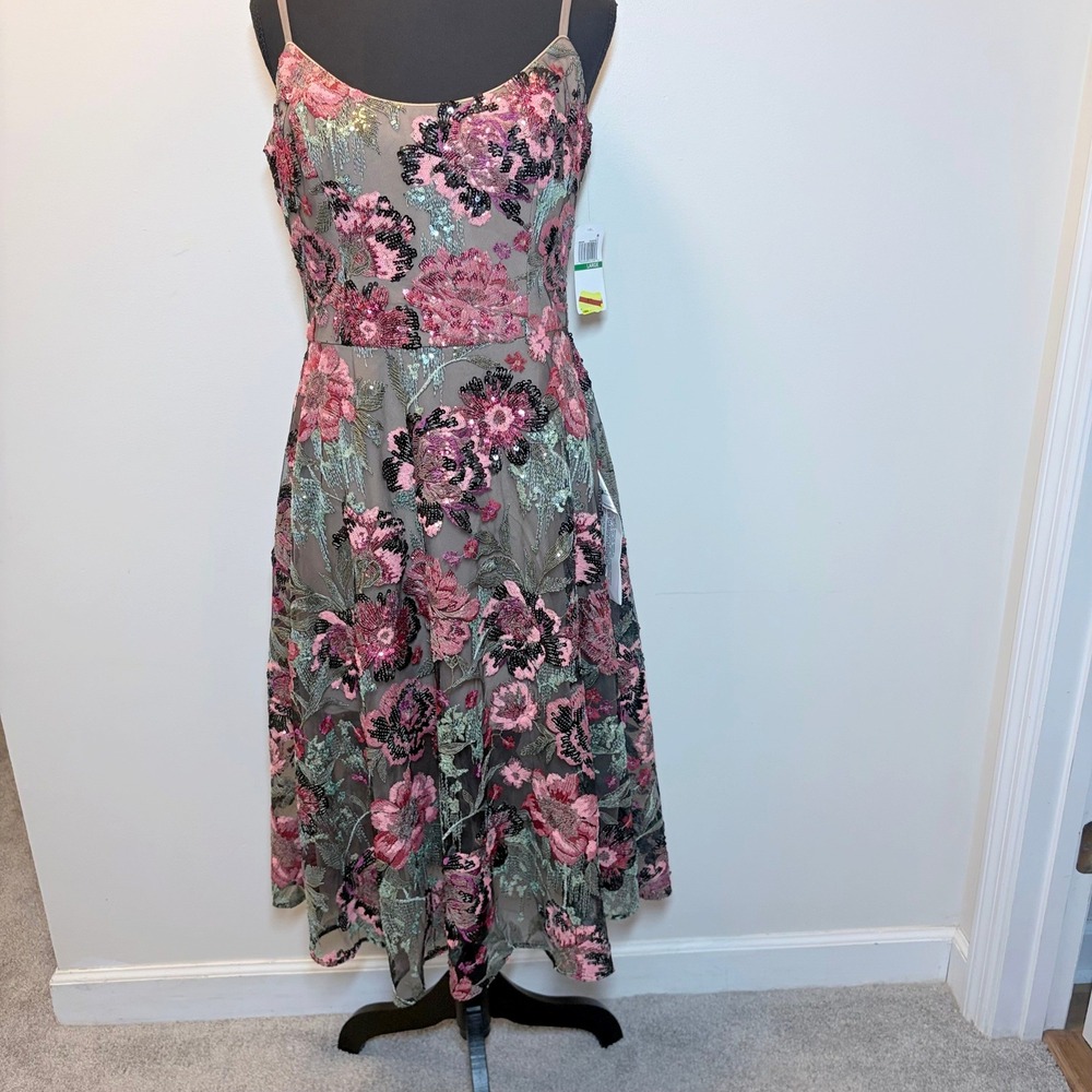 Dress the Population Pink Floral Sequin Midi Dress Large NWT